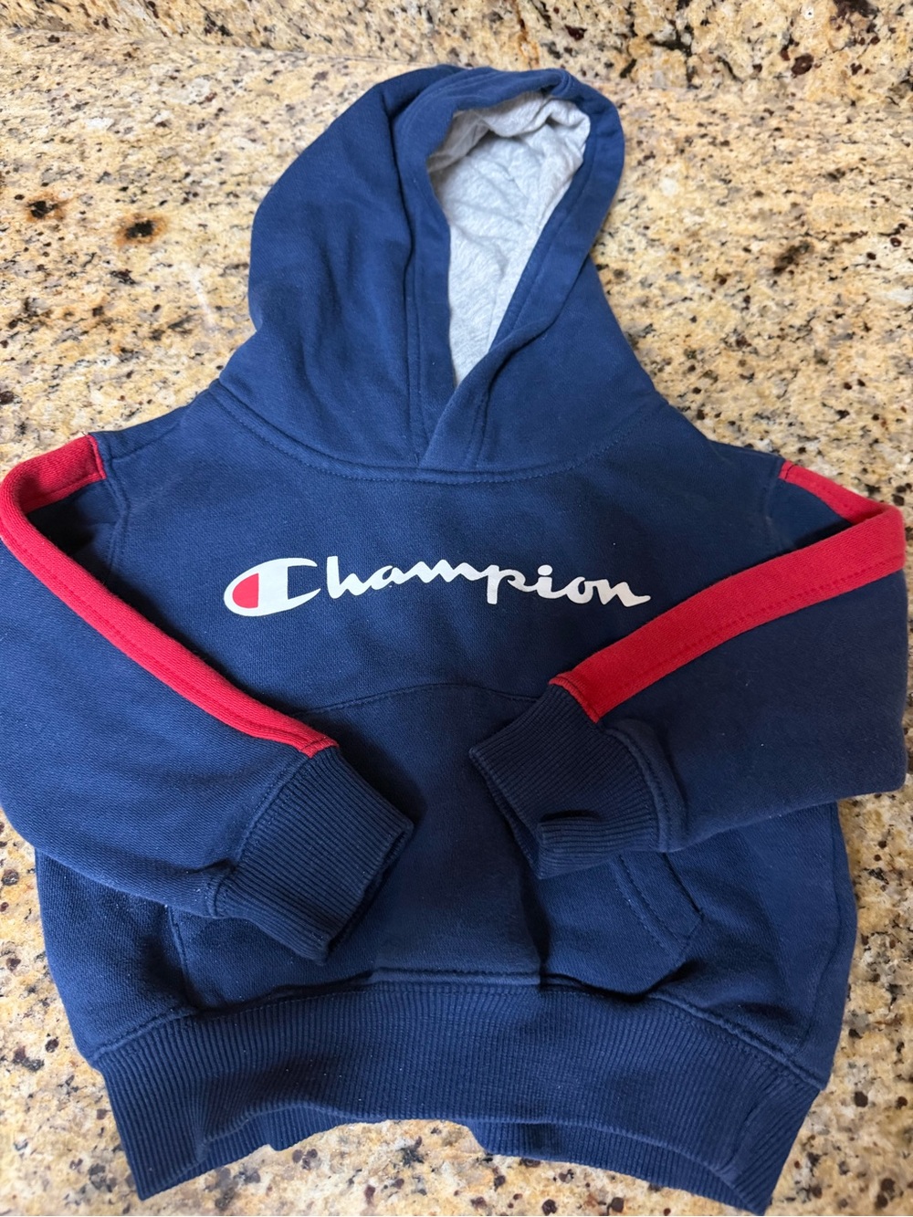 Champion Kids Navy Hoodie with Red Sleeve Stripes